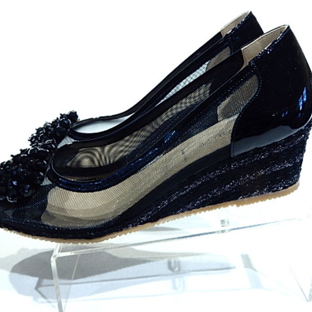 Ron White Black Patent & Mesh Peep Toe Wedges in Size 8 (New)